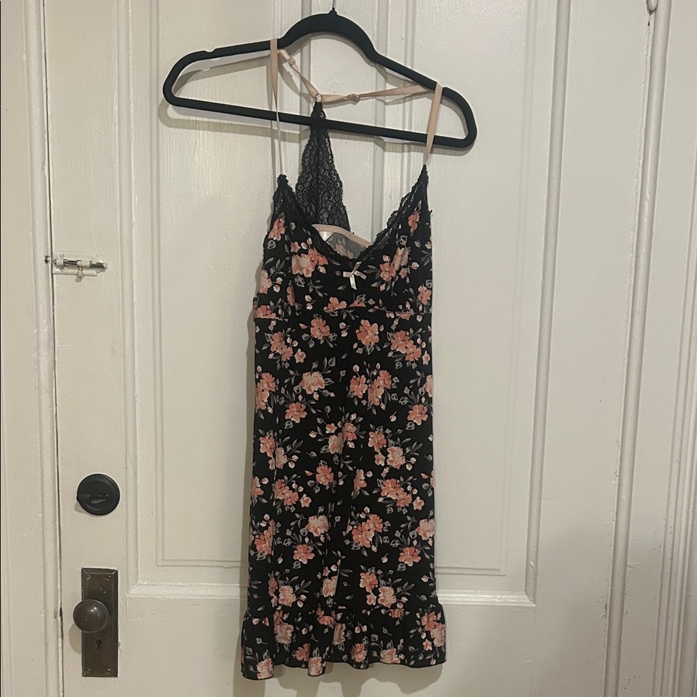 Floral Lace-Trim Chemise Slip in Black and Pink